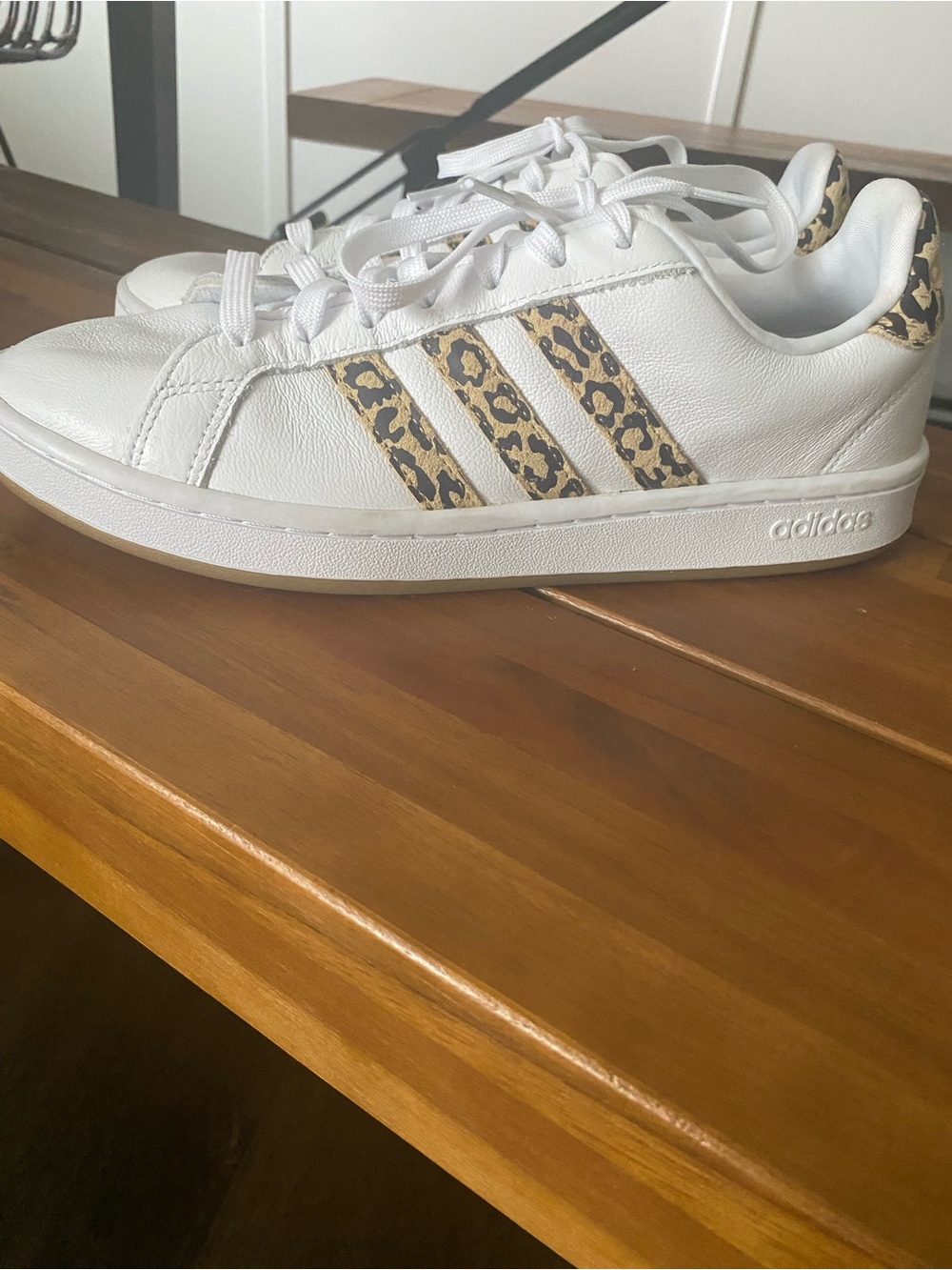 adidas White Sneakers with Leopard Print Stripes